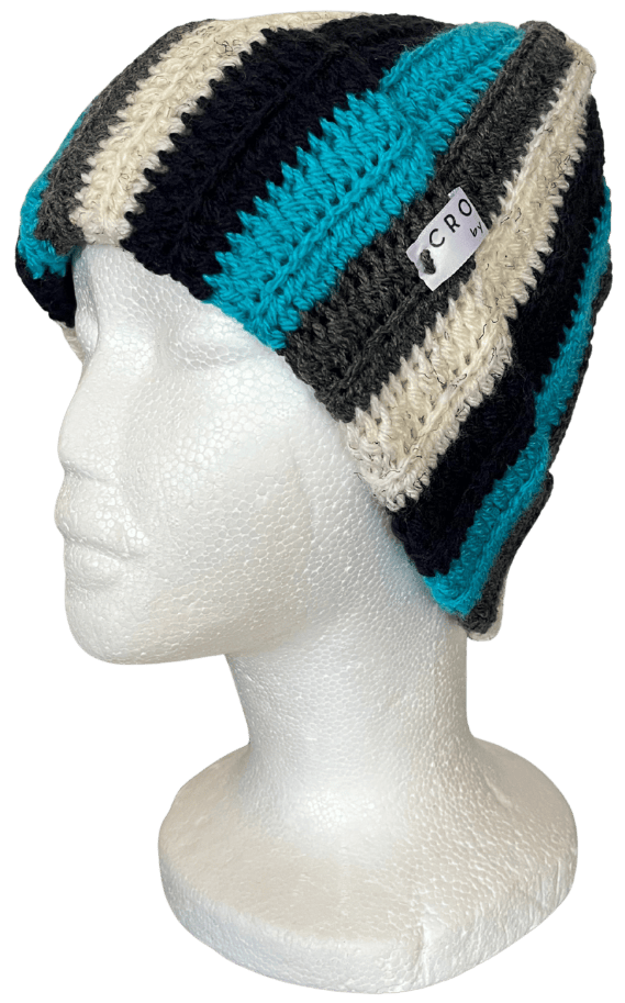 Cappello a righe blu, panna e grigio