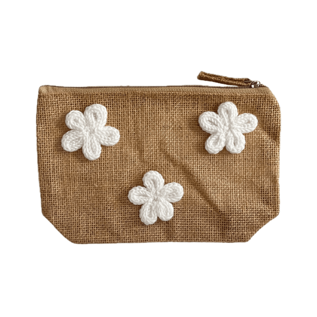 Pochette in juta con fiori bianchi grandi