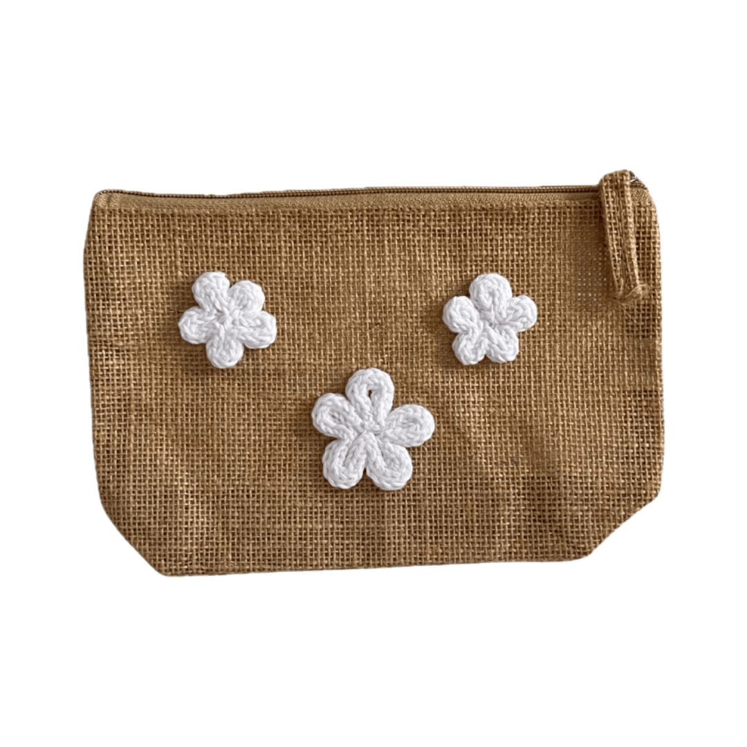 Pochette in juta con fiori bianchi piccoli